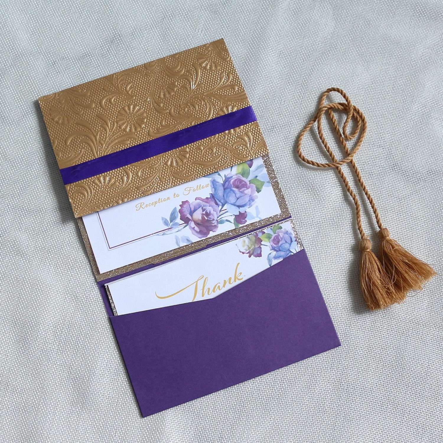 Purple Wedding Invitation Card with Tassel Square Embossing Invitation Customized 